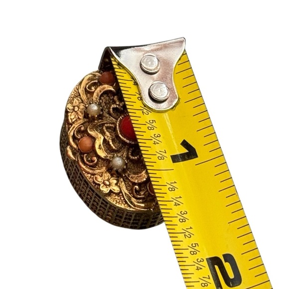 Vintage Orange Bead and Faux Pearl Studded Micro Pill Box Italian Inspired - Picture 6 of 7